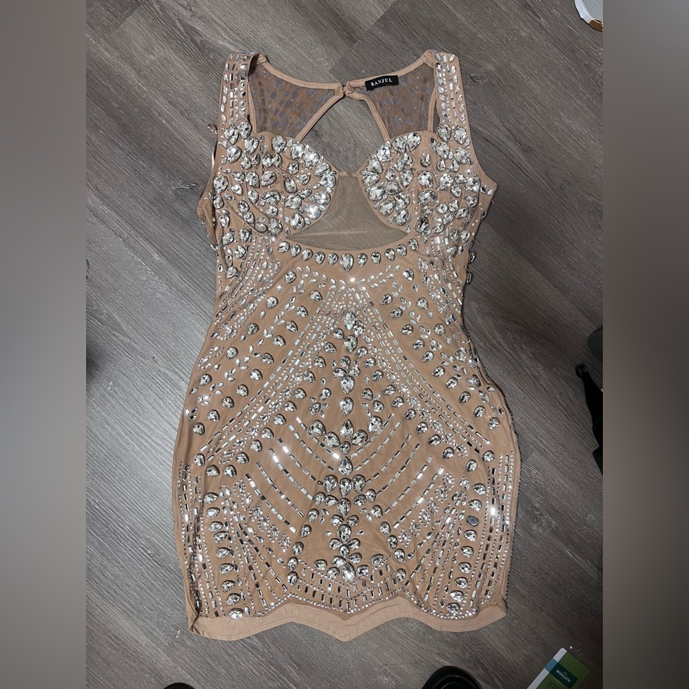 Glamorous Tan Backless Dress with Embellishments